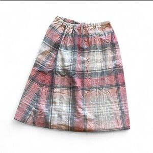 Vintage 70s 80s red grey white plaid skirt elastic waist midi 30-38” waist